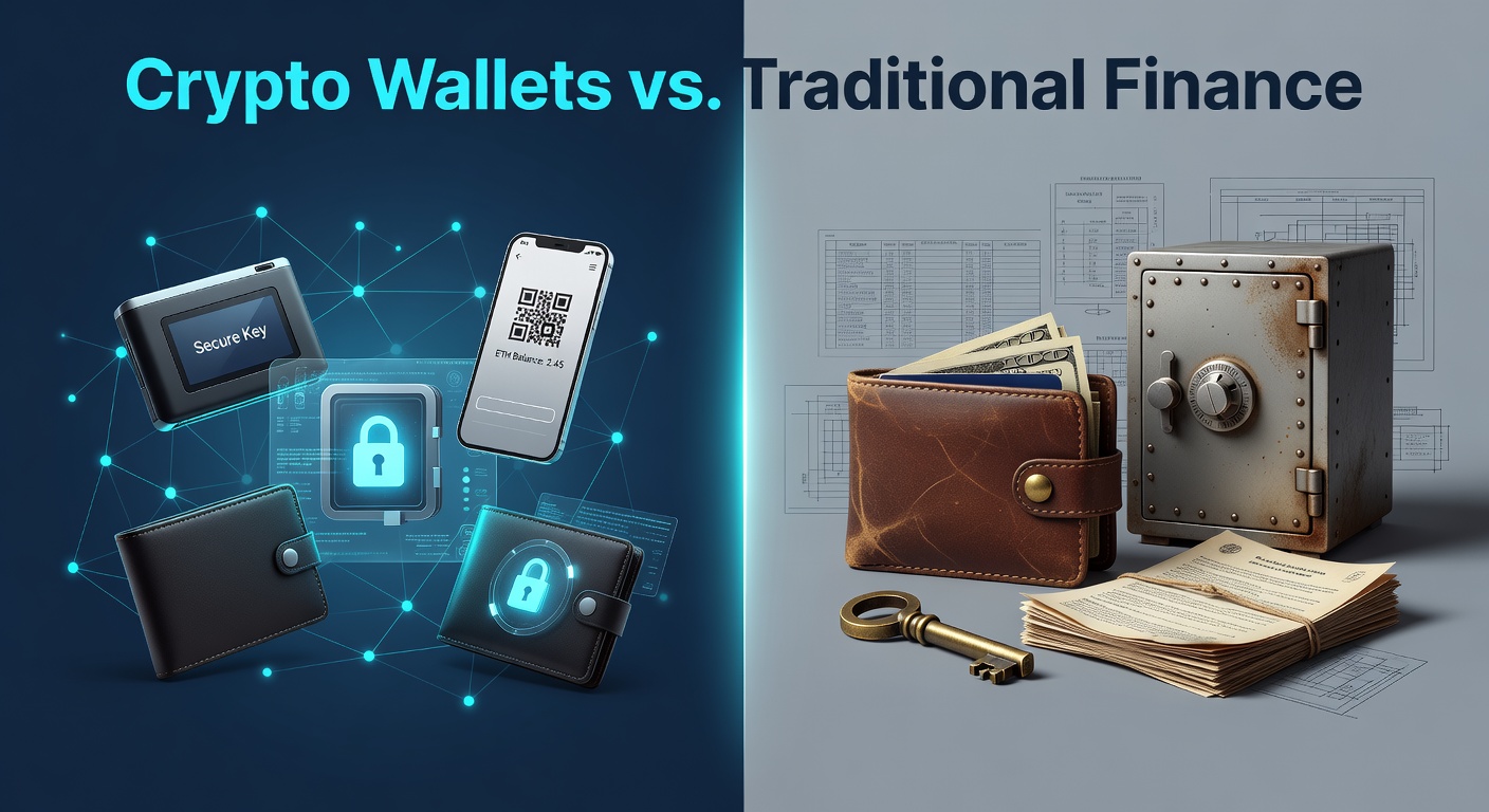Vergleich von Krypto-Wallet und Exchange-Interface auf Bildschirmen, die Sicherheit und Zugang illustrieren