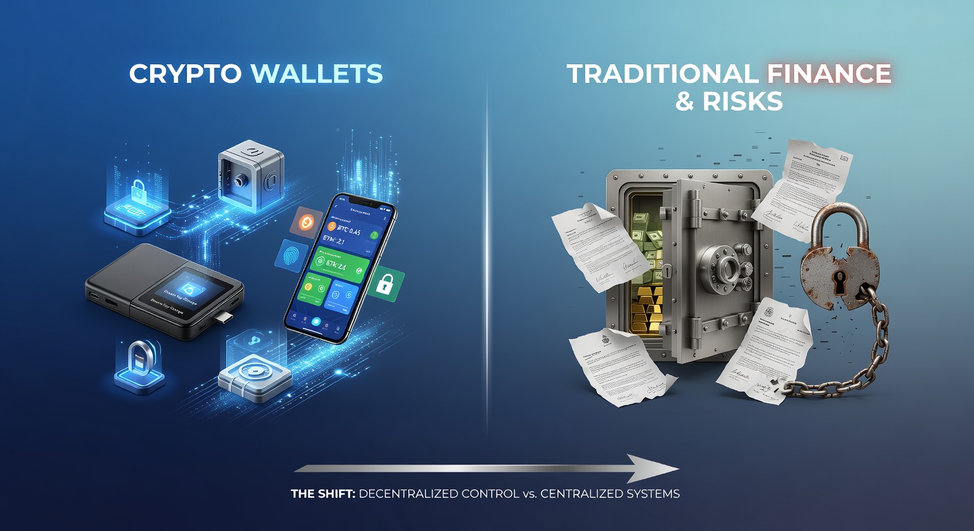 Grafik, die Sicherheitslevel von Wallets und Exchanges vergleicht, mit Schloss-Icons und Blockchain-Ketten