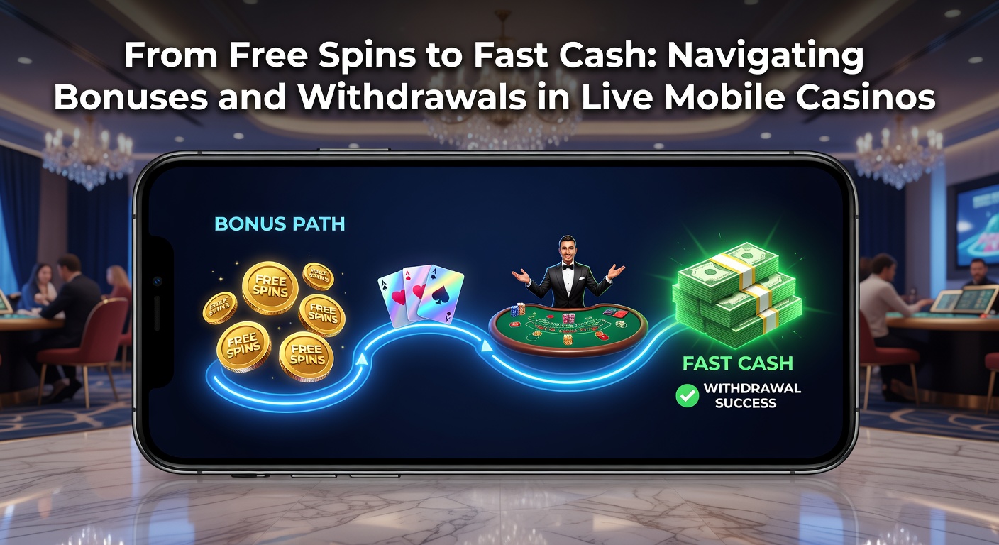 Smartphone mit Live-Casino-App, das Free-Spins und Auszahlungsoptionen zeigt, während ein Dealer Karte austeilt