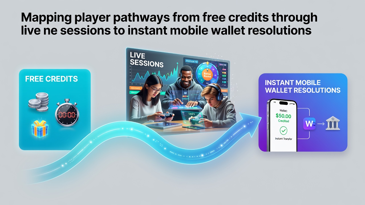 Visualisierung der Spielerpfade von Freecredits über Live-Sessions zu mobilen Wallet-Auszahlungen