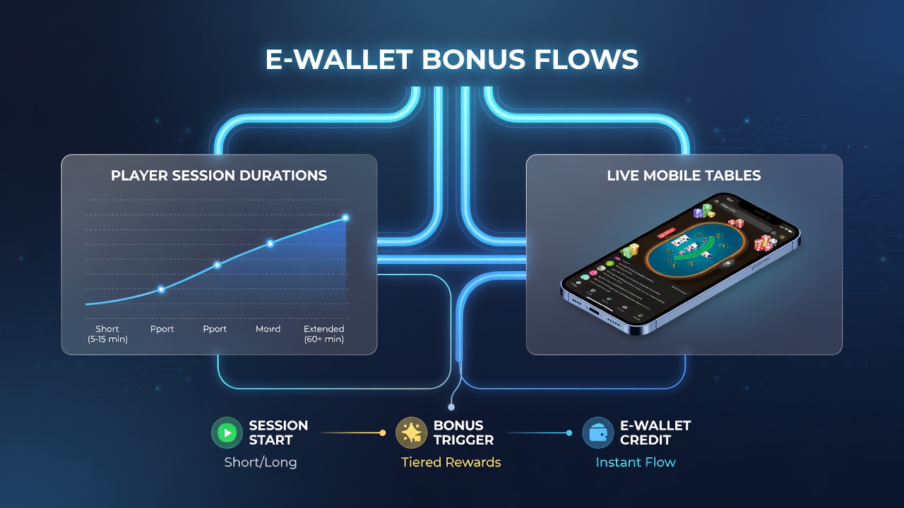 Diagramm zur Analyse von Sitzungsdauern und E-Wallet-Bonusflüssen in Live-Mobile-Tischen