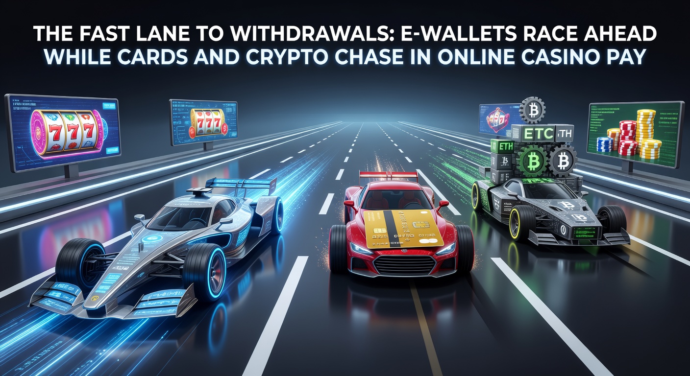 Infografik vergleicht Auszahlungswege mit Zeitachsen: E-Wallets grün und kurz, Karten orange und lang, Crypto blau und wellig